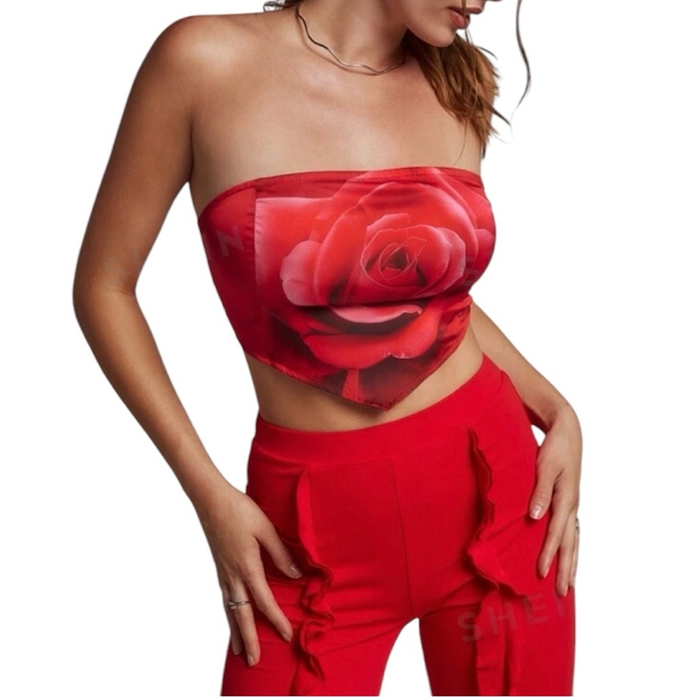 Women's Fashion Floral Print Asymmetric Hem Crisscross
Back Crop Tube Top